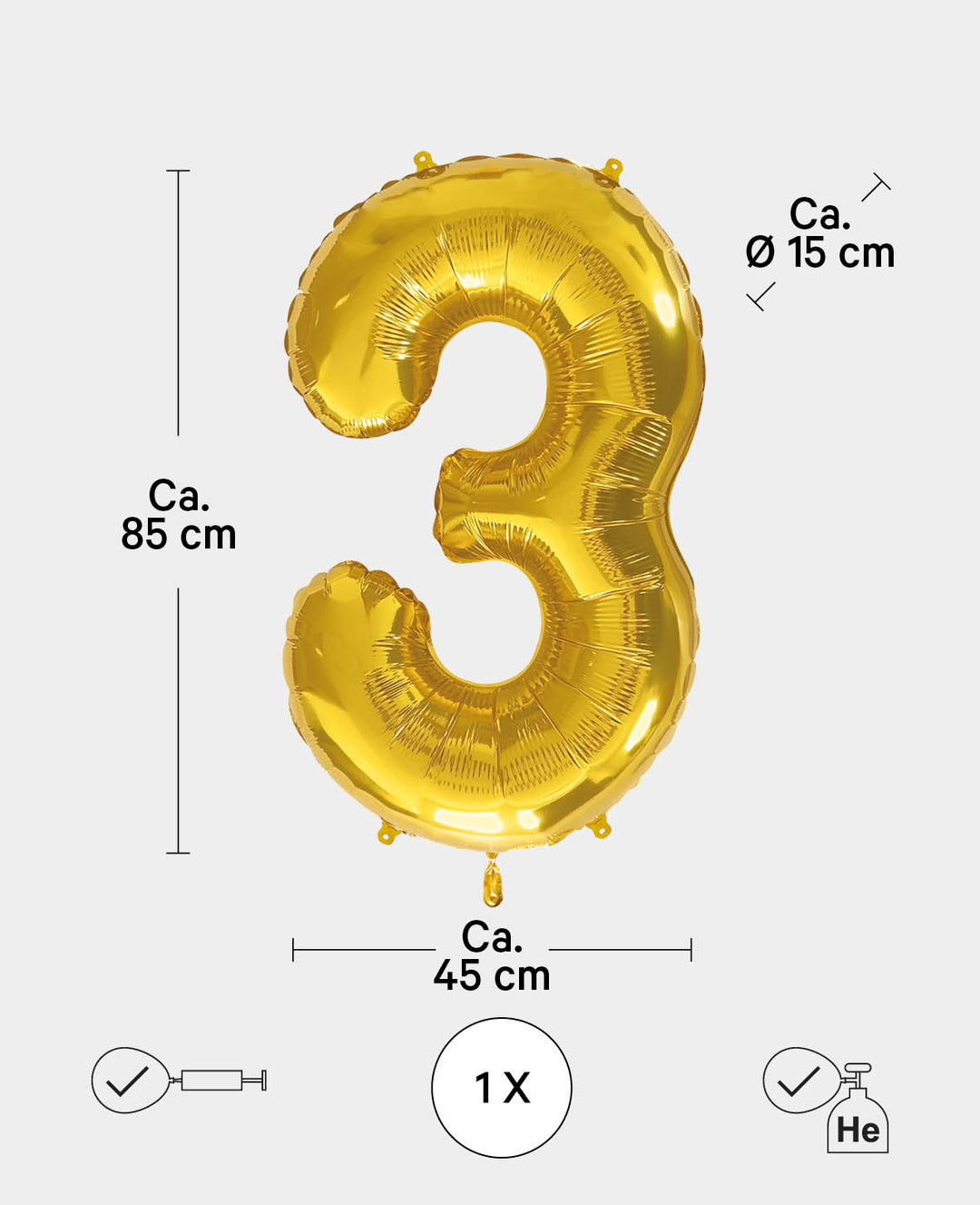 Ballon aluminium chiffre « 3 », 85 x 45 x 15 cm, or