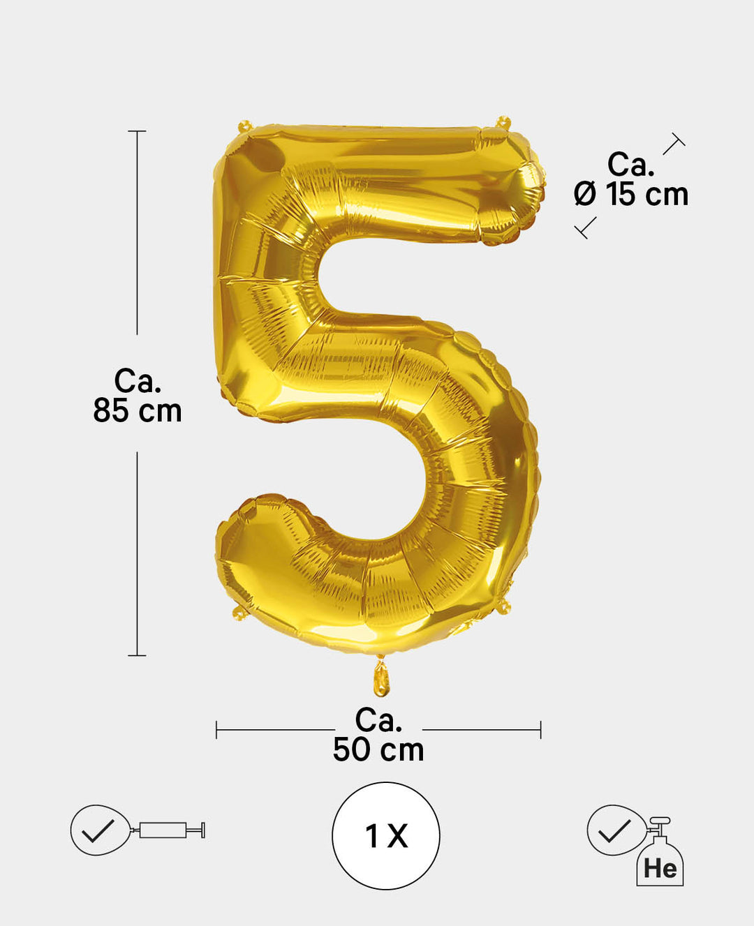 Foil Balloon Number "5", 85 x 50 x 15 cm, Gold