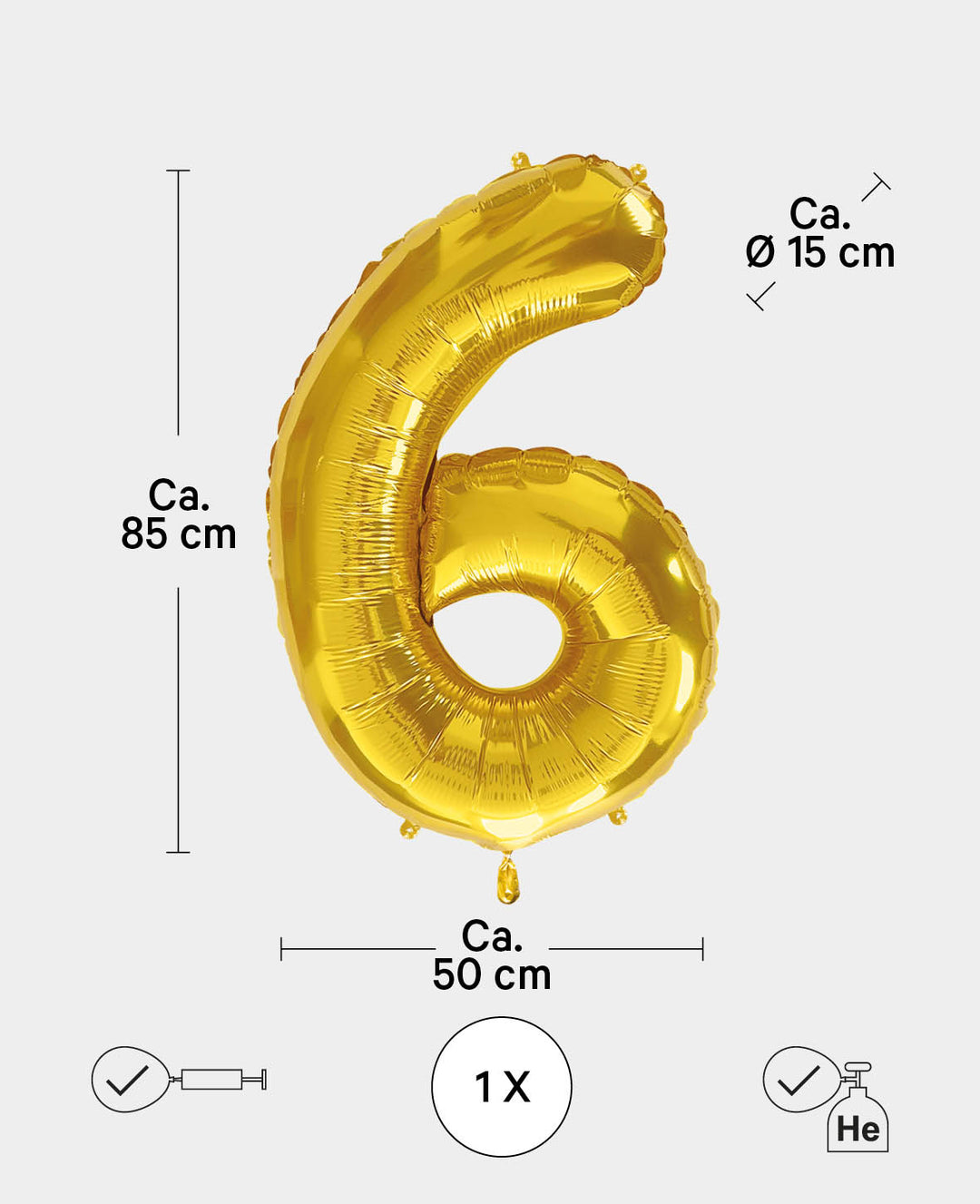 Foil Balloon Number "6", 85 x 50 x 15 cm, Gold