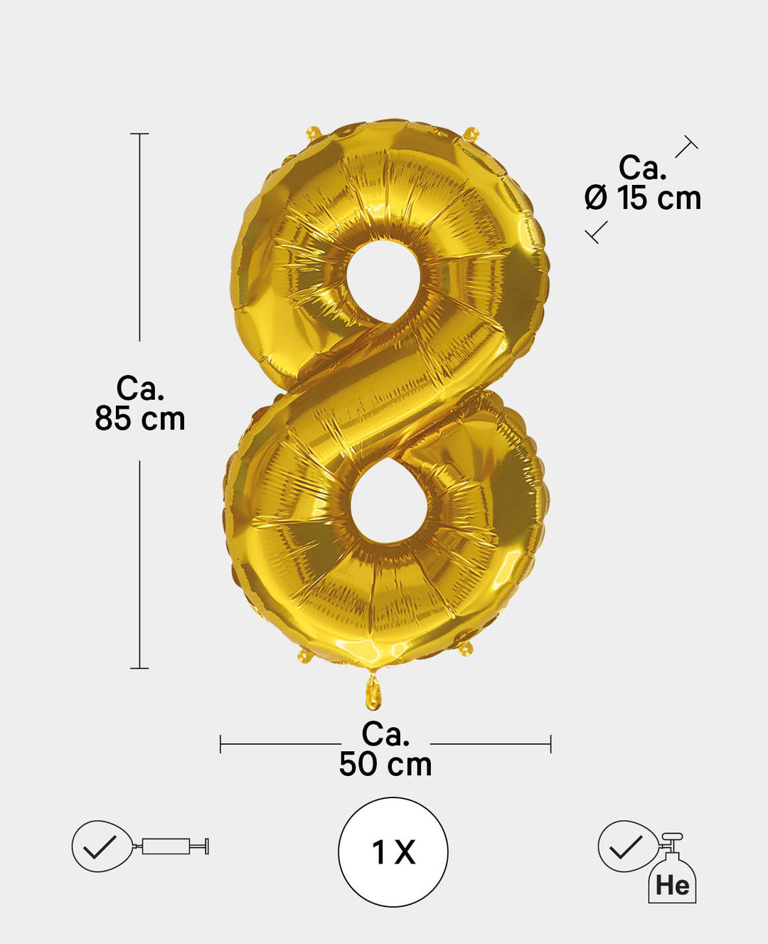 Foil Balloon Number "8", 85 x 50 x 15 cm, Gold