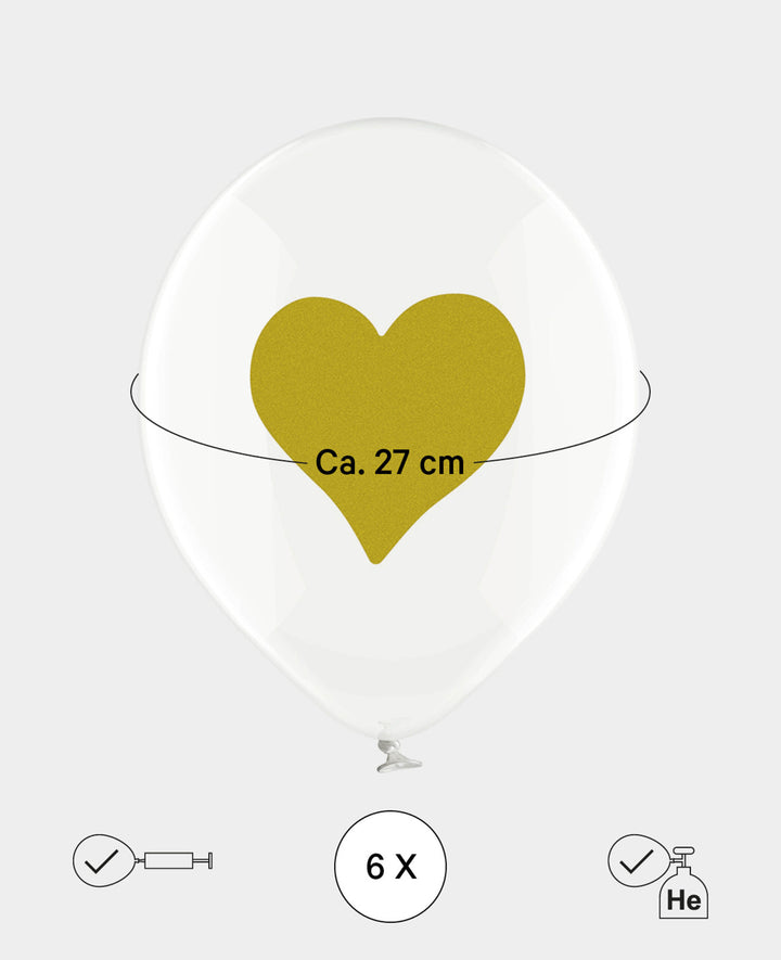 Heart Balloons, 27 cm, transparent, 6 pcs.