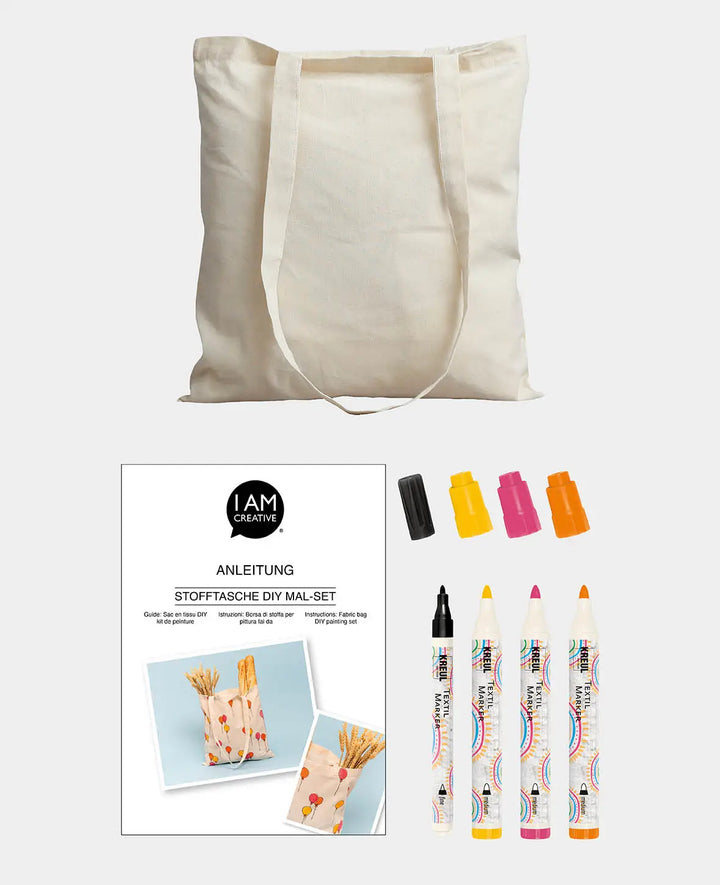 Stofftasche DIY Mal-Set, 5-teilig, mit Textilmarkern in Pink, Orange und Gelb