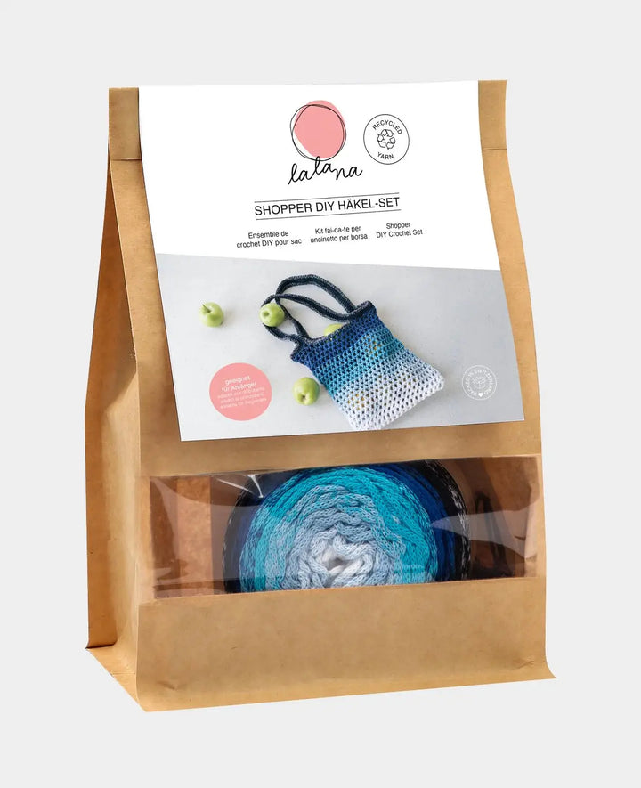 DIY "Shopper" Crochet Kit, crochet bag for self-crocheting including instructions, suitable for beginners and pros, in shades of blue, 2-piece.