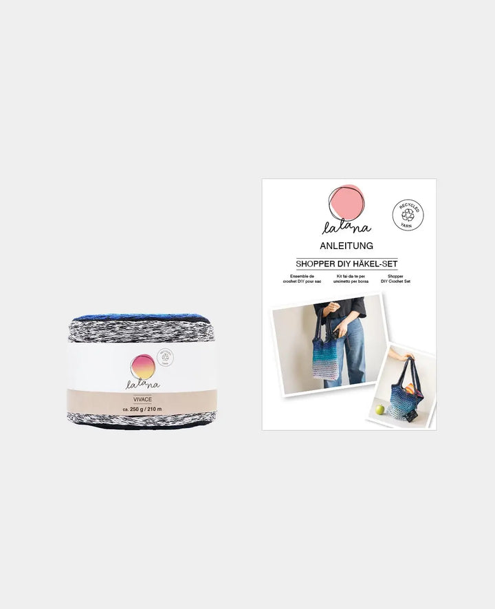 DIY "Shopper" Crochet Kit, crochet bag for self-crocheting including instructions, suitable for beginners and pros, in shades of blue, 2-piece.