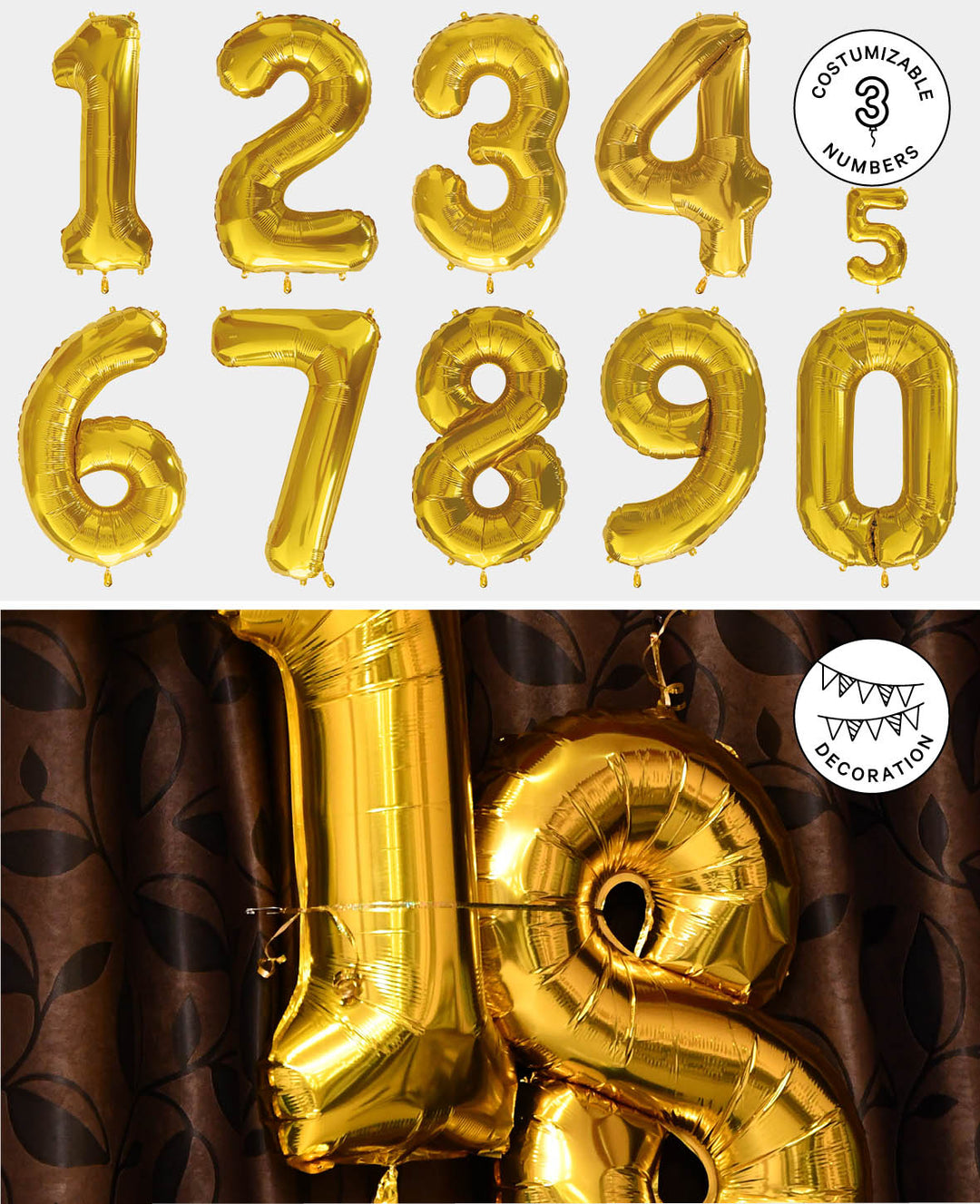 Ballon aluminium chiffre « 3 », 85 x 45 x 15 cm, or