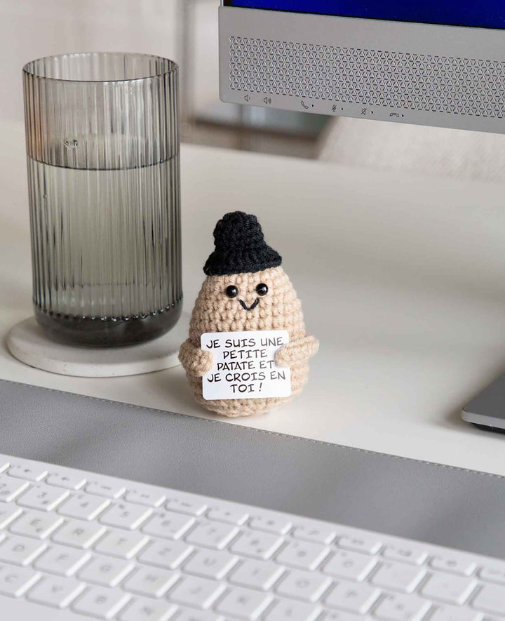 Positive Potato French, Crocheted Mini Plush Toy / Lucky Charm, Beige, approx. 9.5 x 5 cm