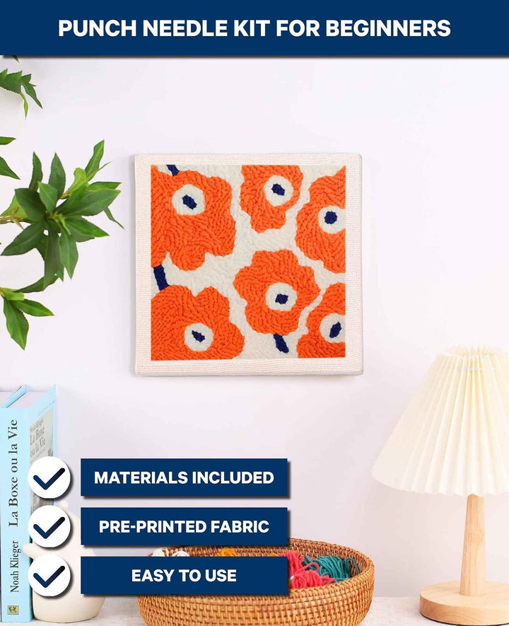 Punch Needle Anfänger Set, Orange Flower Power, 25 x 25 cm