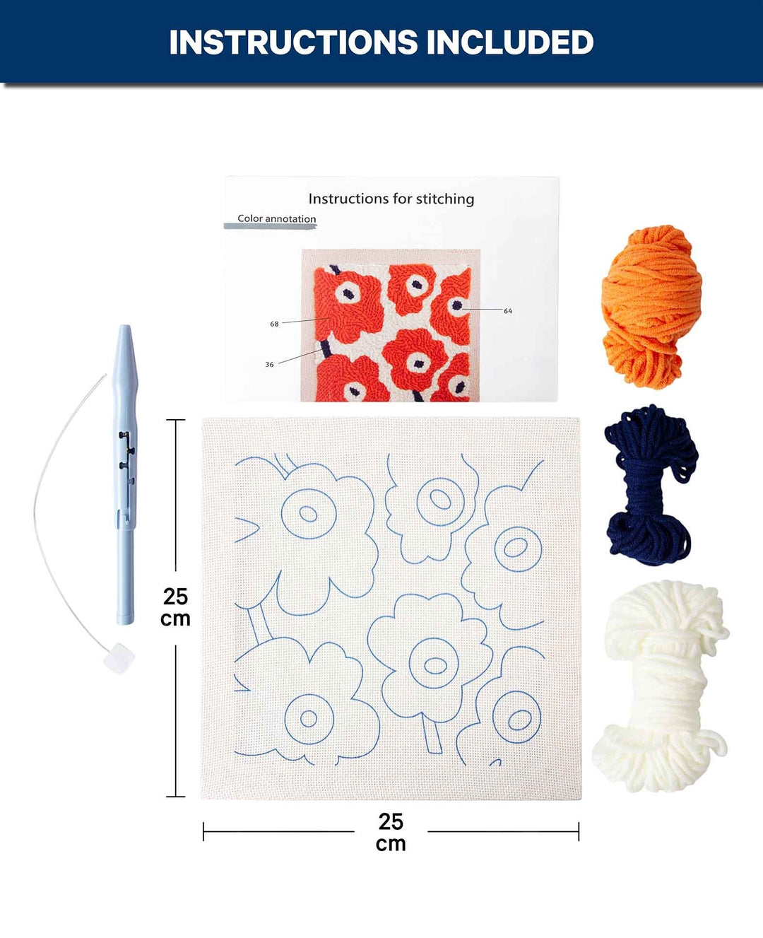 Punch Needle Anfänger Set, Orange Flower Power, 25 x 25 cm