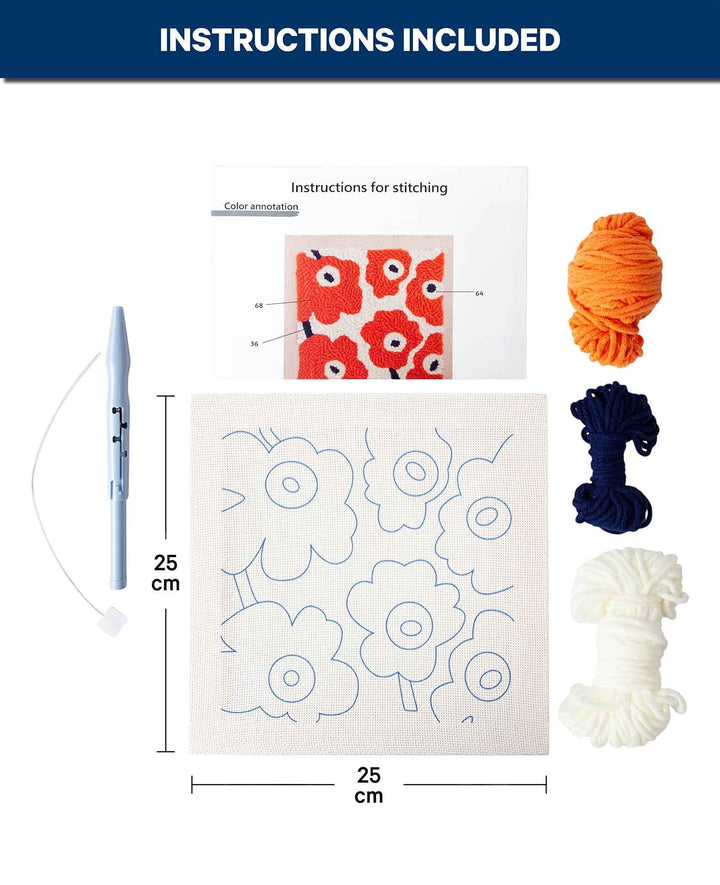 Punch Needle Anfänger Set, Orange Flower Power, 25 x 25 cm