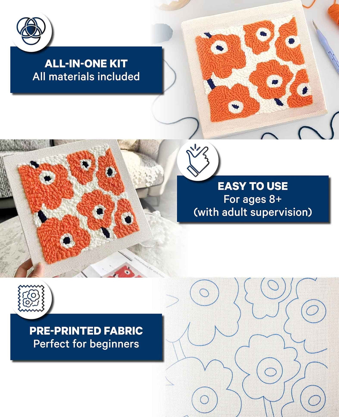 Punch Needle Anfänger Set, Orange Flower Power, 25 x 25 cm