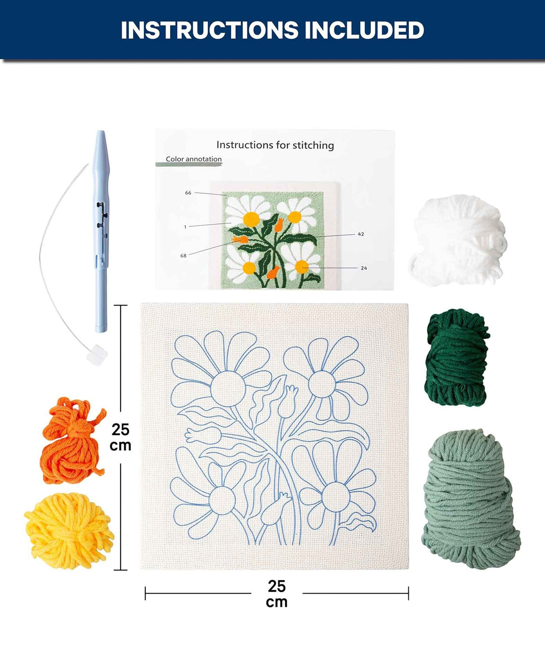 Kit de Punch Needle pour débutants, Mint Flower Power, 25 x 25 cm