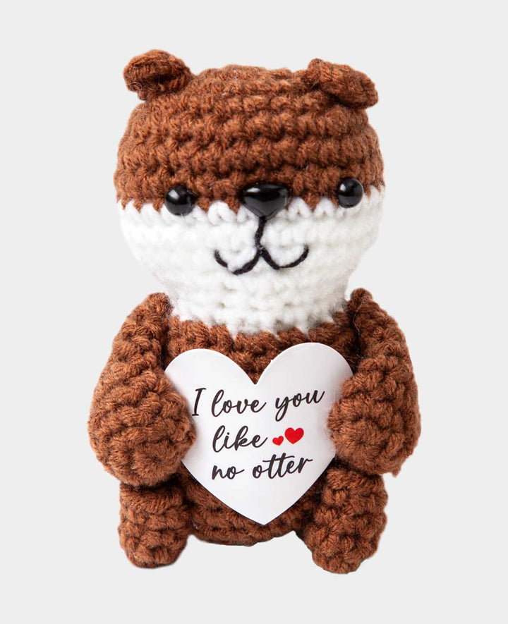 Loutre positive "I love you like no otter", Mini peluche / porte-bonheur au crochet, Marron, env. 10 x 6.5 cm