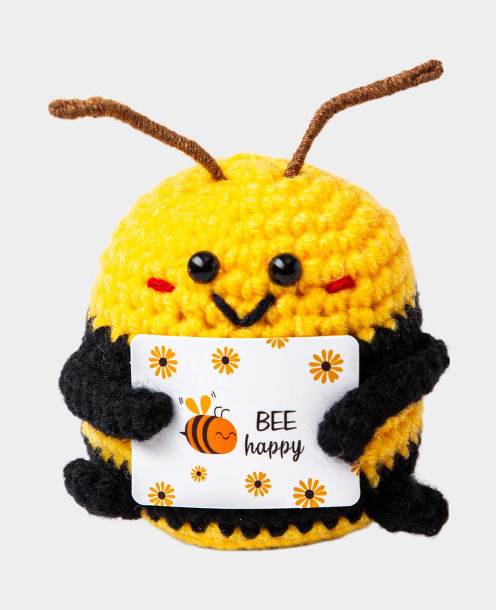 Abeille positive "Bee happy", Mini peluche / porte-bonheur crocheté, Jaune, env. 7.5 x 7.5 cm