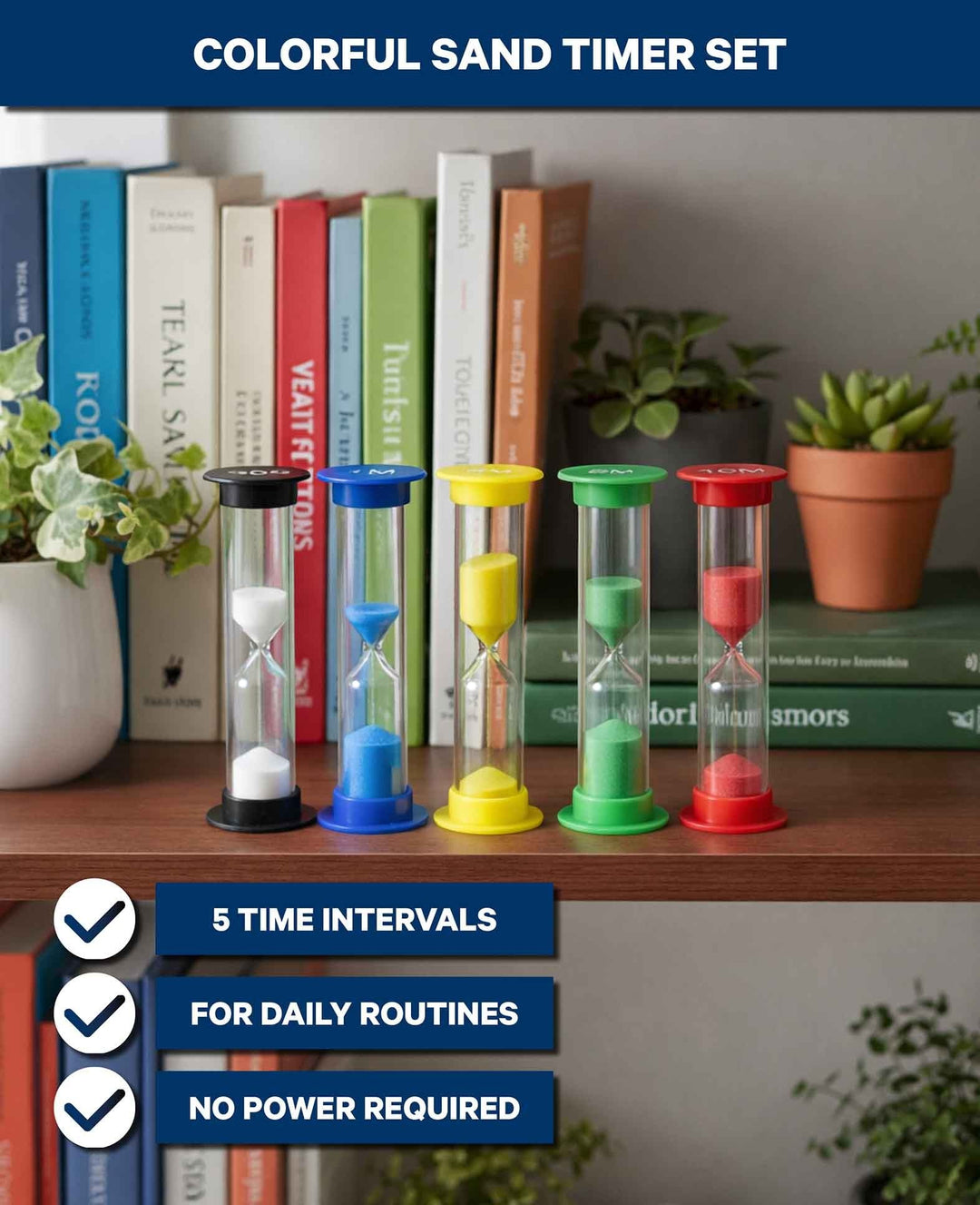 Sand Timer Set for Kids – 5 Color-Coded Sand Timers (30 Sec. – 10 Min.) for Playful Time Learning