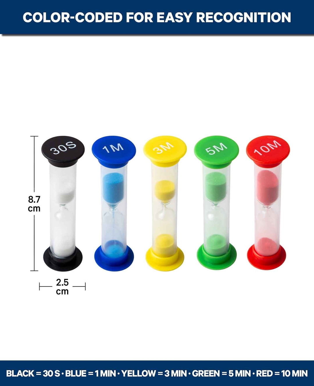 Sand Timer Set for Kids – 5 Color-Coded Sand Timers (30 Sec. – 10 Min.) for Playful Time Learning