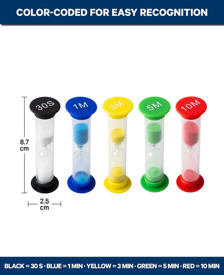 Sand Timer Set for Kids – 5 Color-Coded Sand Timers (30 Sec. – 10 Min.) for Playful Time Learning
