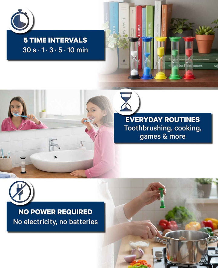 Sand Timer Set for Kids – 5 Color-Coded Sand Timers (30 Sec. – 10 Min.) for Playful Time Learning