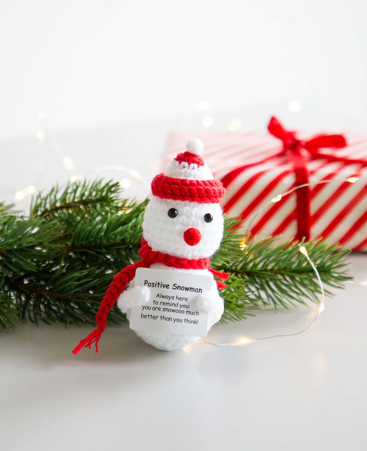Bonhomme de neige positif, Mini peluche au crochet / Porte-bonheur, Blanc/Rouge