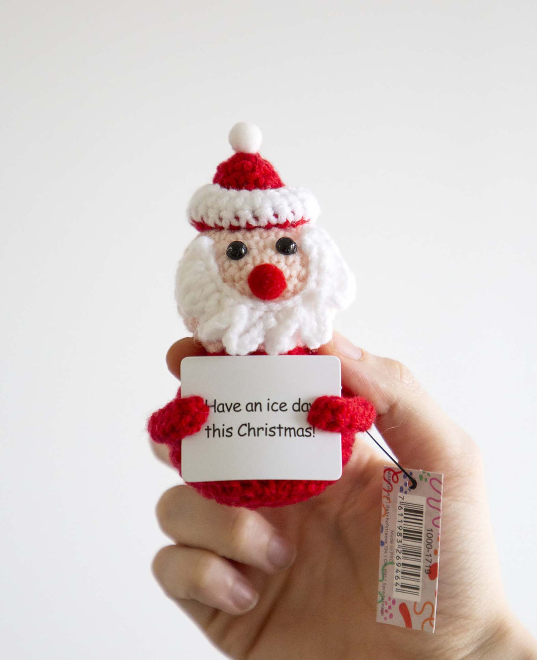 Père Noël positif, mini peluche / porte-bonheur au crochet, blanc/rouge, 7.5×4.5 cm