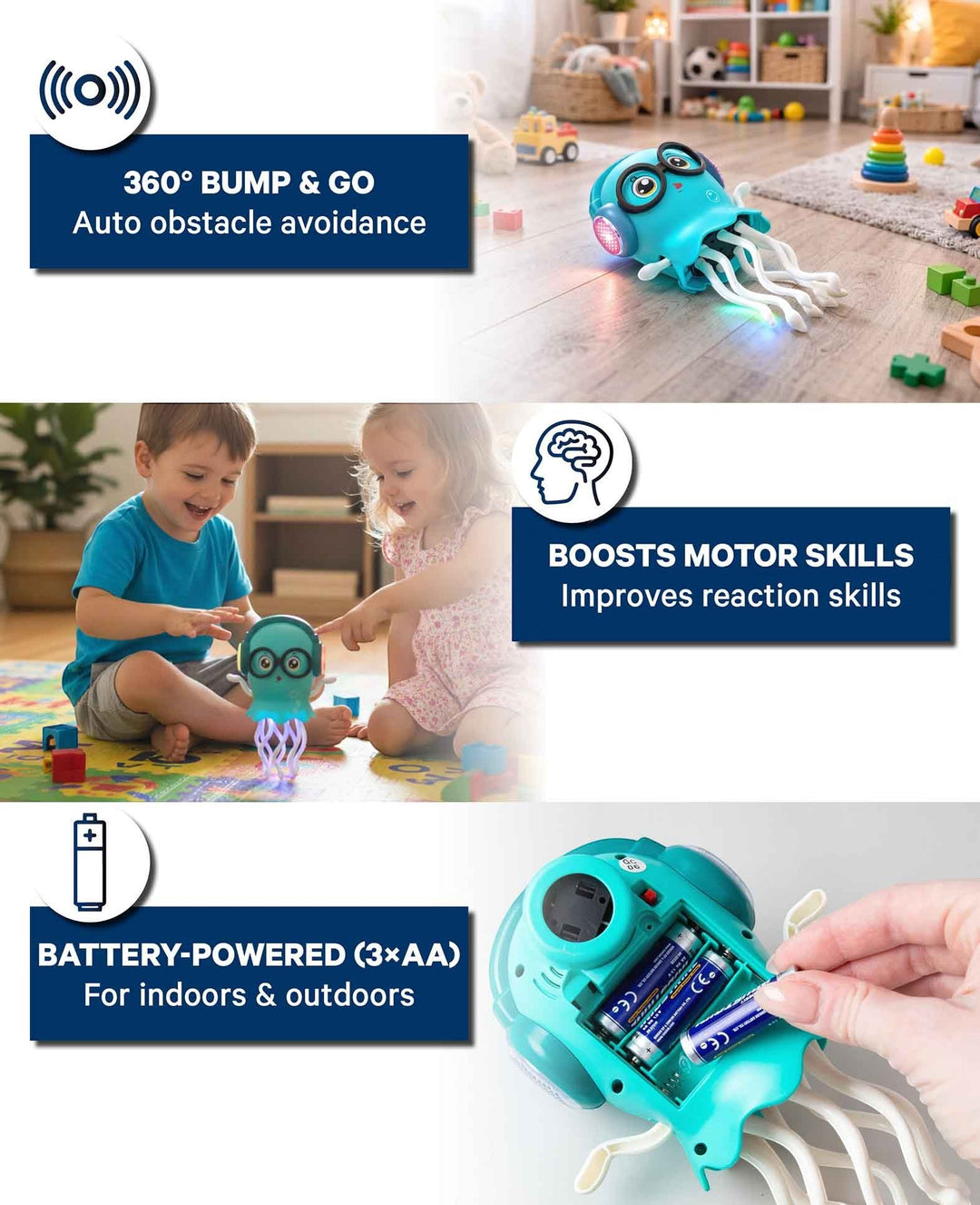 Tanzende Qualle, Kinderspielzeug mit Musik, 3D Lichteffekten und Hinderniserkennung
