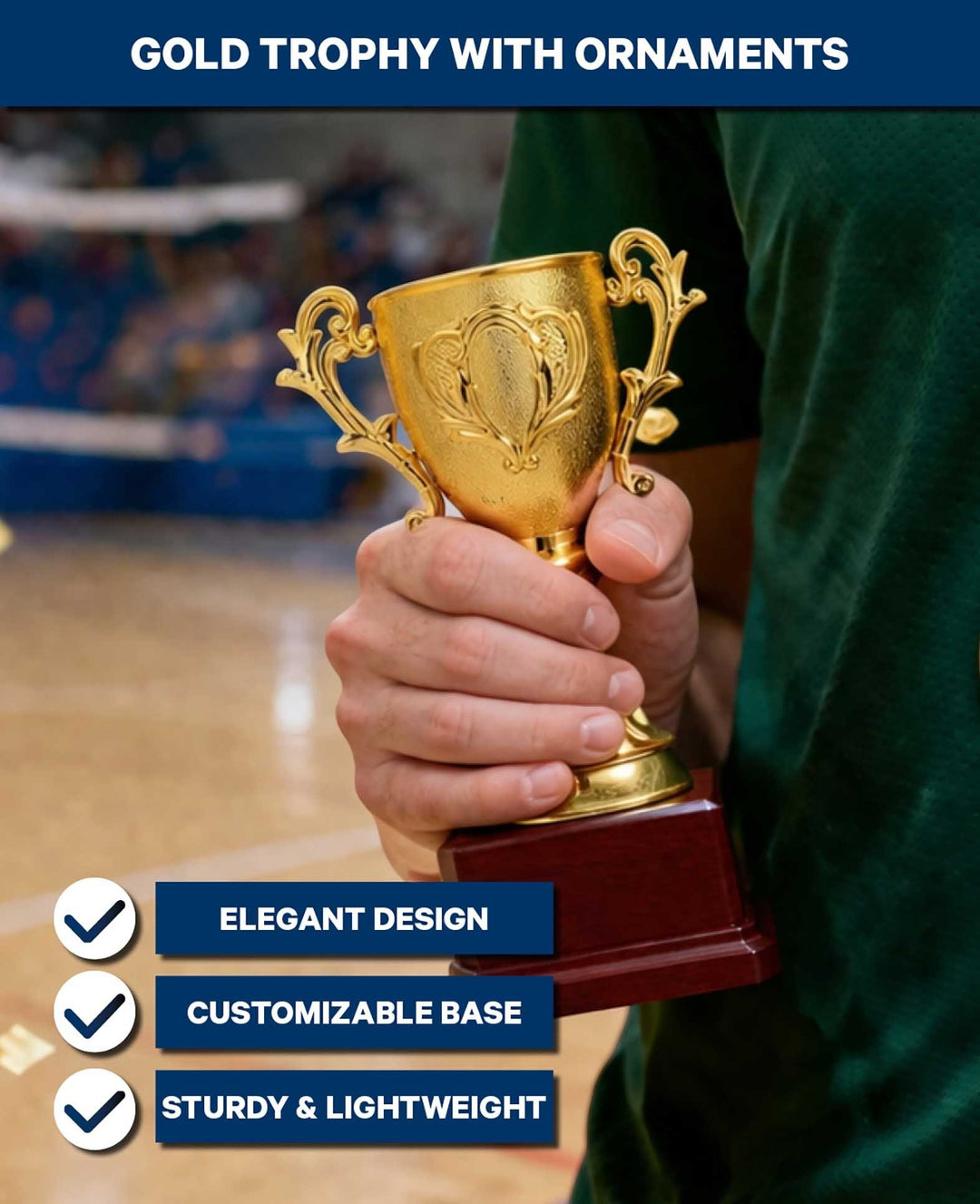 Gold trophy with ornaments, plastic, 18x13 cm, customizable