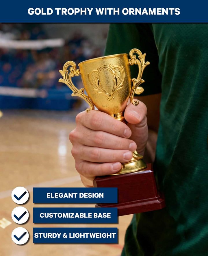 Gold trophy with ornaments, plastic, 18x13 cm, customizable