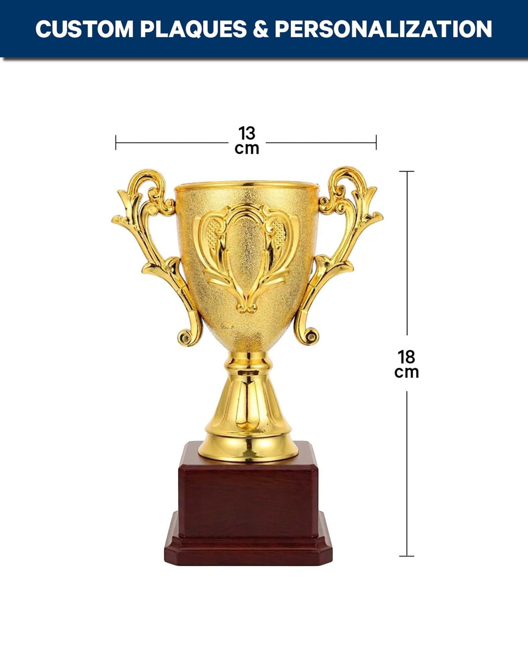Gold trophy with ornaments, plastic, 18x13 cm, customizable