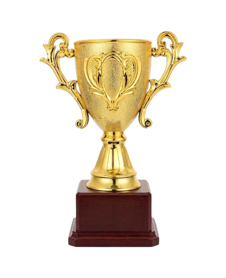 Gold trophy with ornaments, plastic, 18x13 cm, customizable