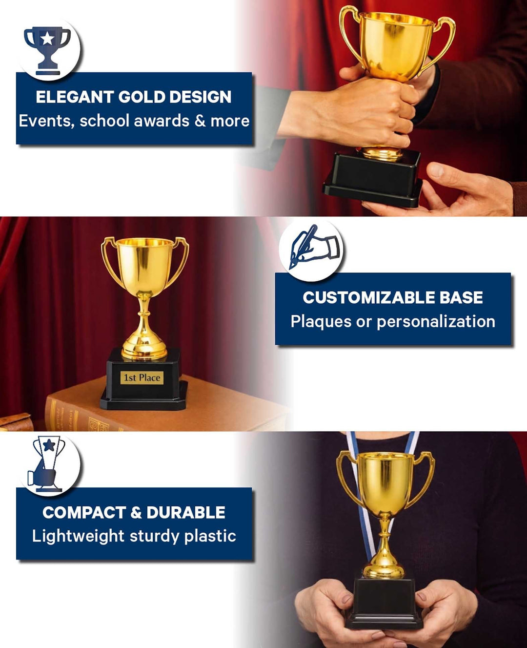 Gold trophy, plastic, 19 cm, customizable