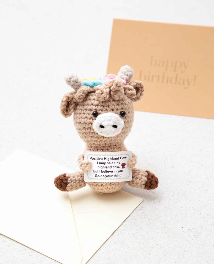 Positive cow, crocheted mini plush toy, lucky charm