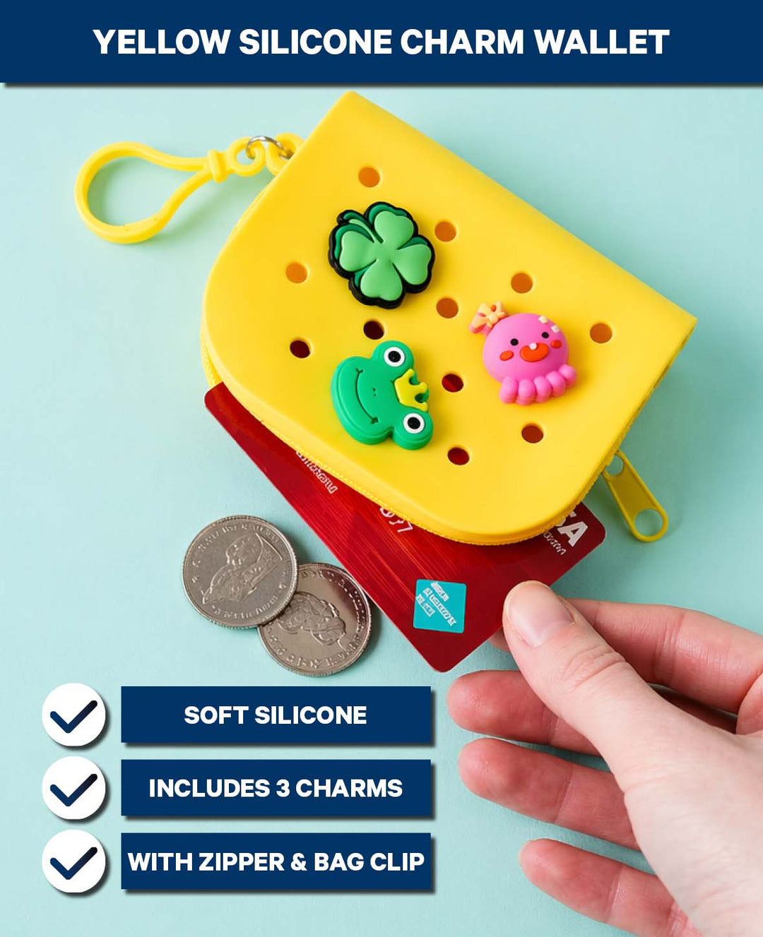 Wallet incl. 3 charms, yellow, 8x10 cm, BPA free
