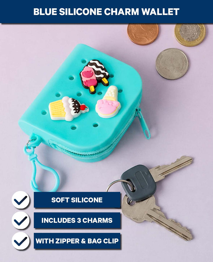 Portefeuille avec 3 charms, bleu, 8x10 cm, sans BPA
