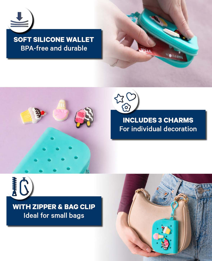 Portefeuille avec 3 charms, bleu, 8x10 cm, sans BPA