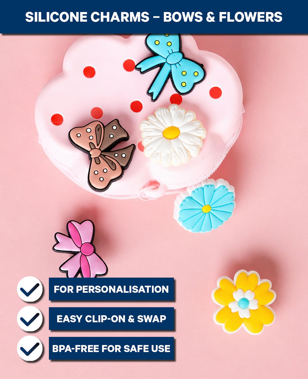 Charms, Silicone, Loops/Flowers, 6 pcs., BPA free