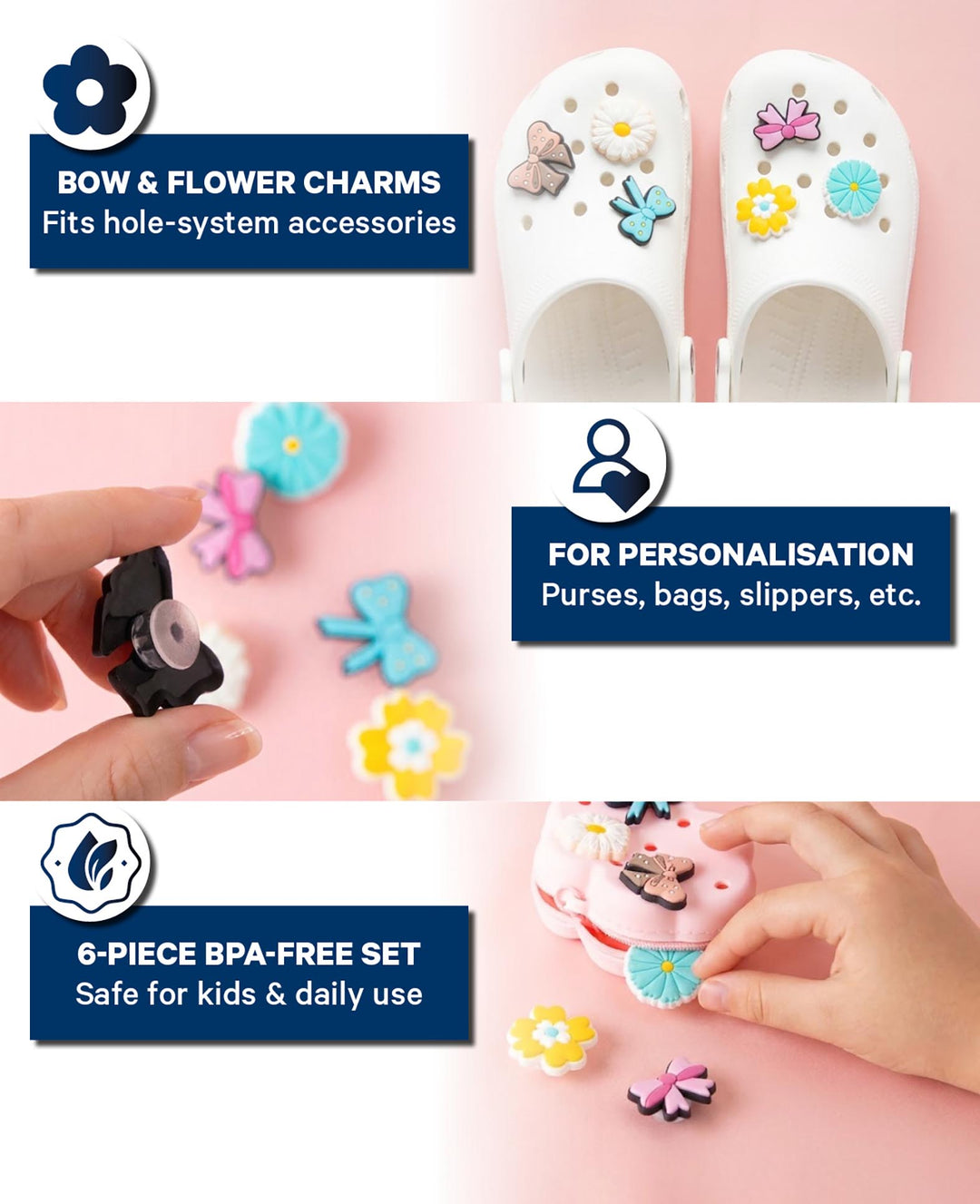 Charms, Silicone, Loops/Flowers, 6 pcs., BPA free