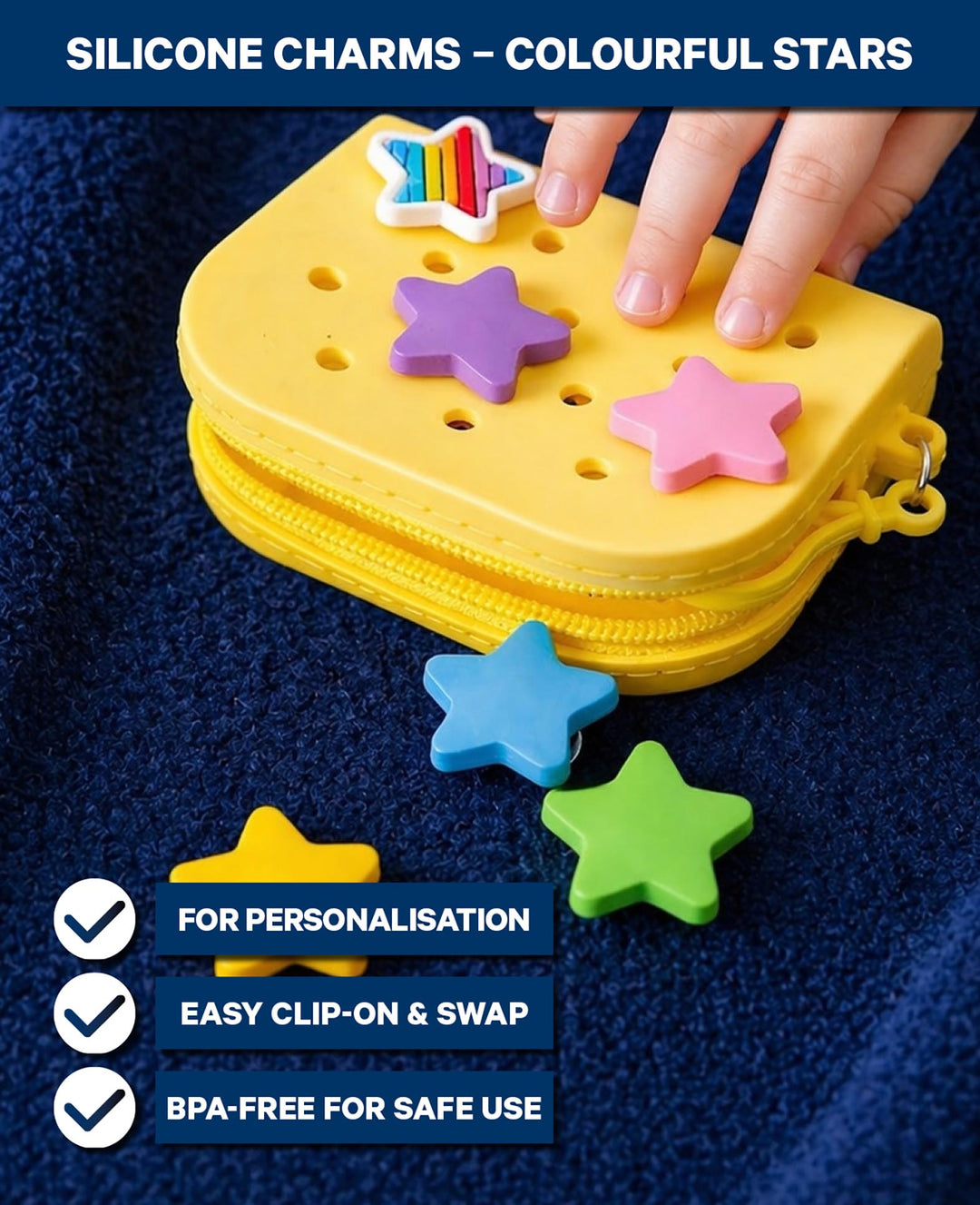 Breloques, silicone, étoiles, 6 pces, sans BPA