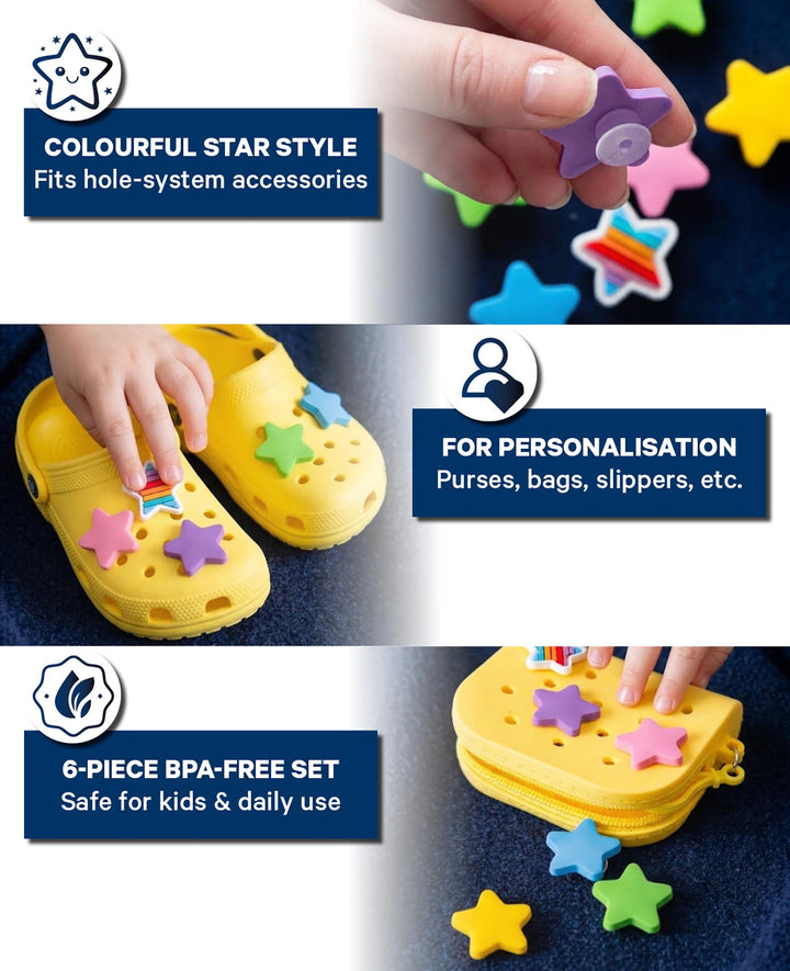 Breloques, silicone, étoiles, 6 pces, sans BPA