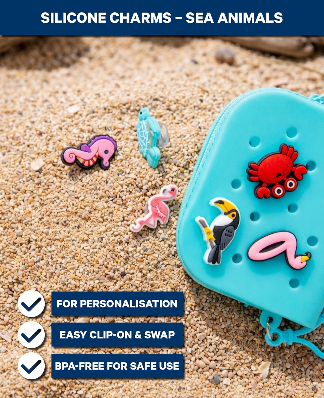Charms, Silicone, Sea Animals, 6 pcs., BPA free