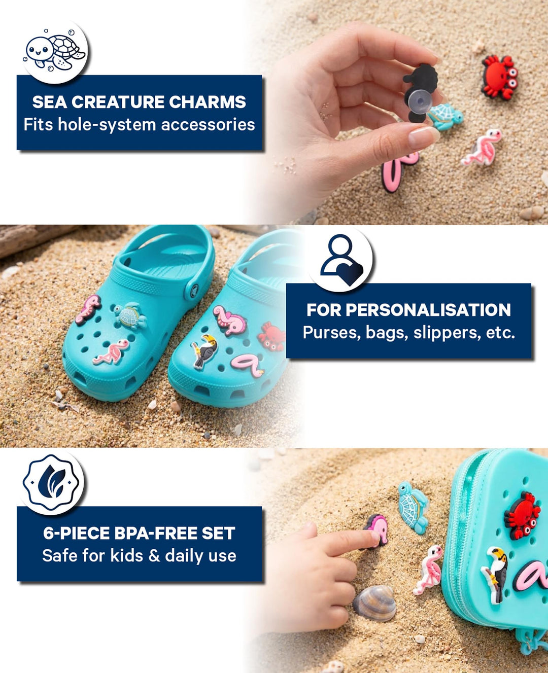 Charms, Silicone, Sea Animals, 6 pcs., BPA free
