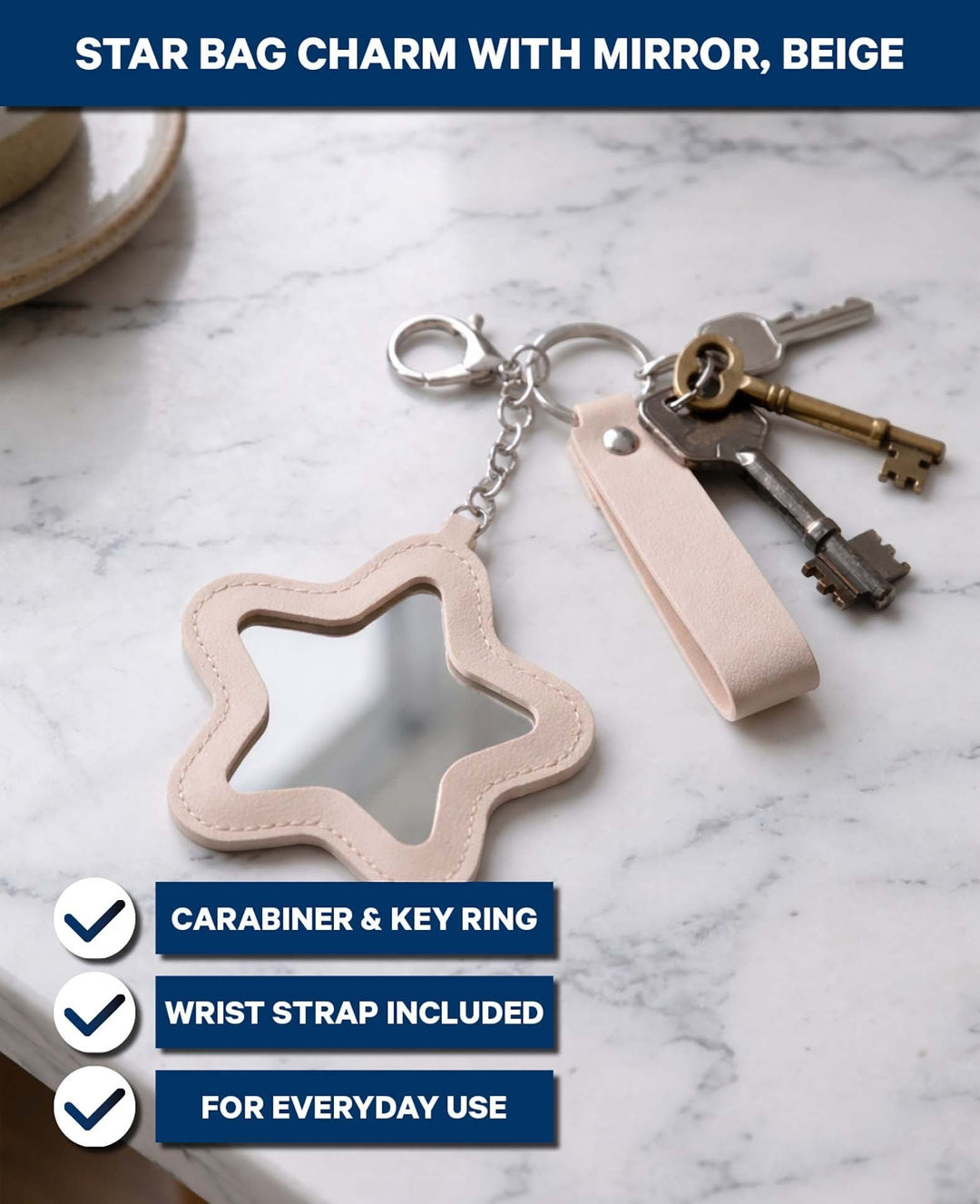 Star Bag Charm with Mirror, Beige, 9×17.3 cm