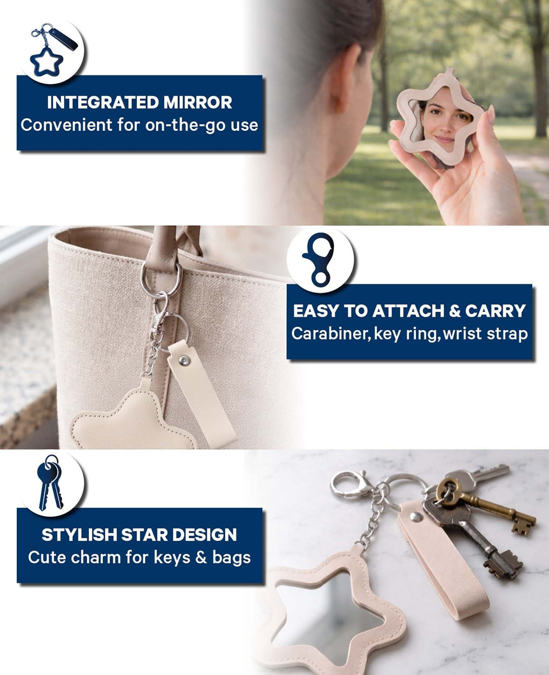 Star Bag Charm with Mirror, Beige, 9×17.3 cm