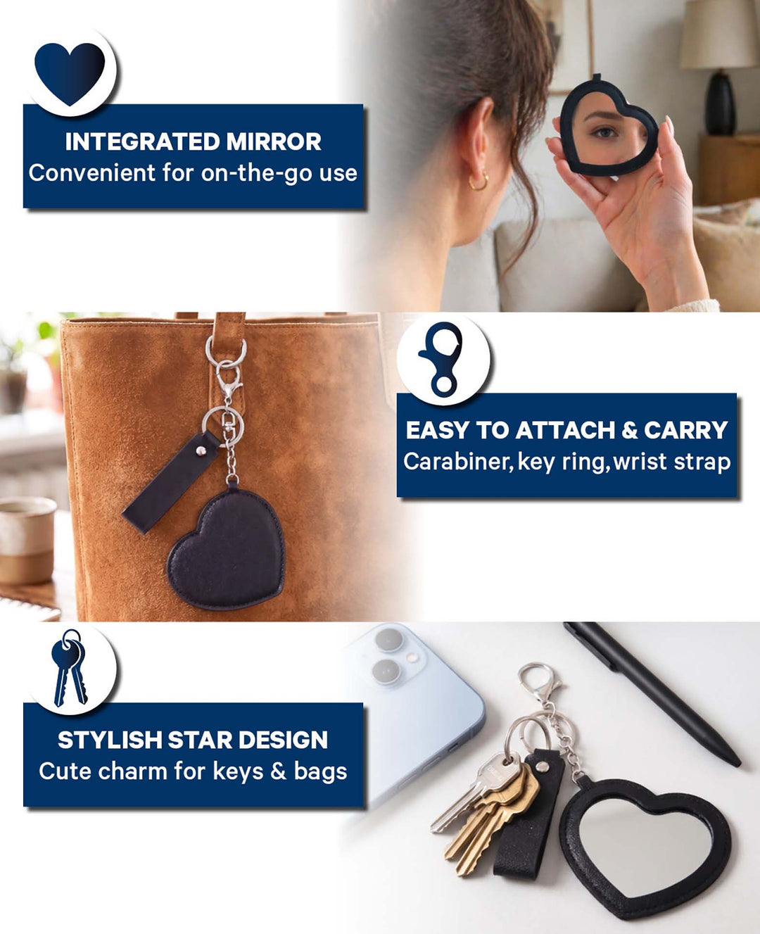 Bag charm, heart with mirror, pink, 9 x 17.3 cm