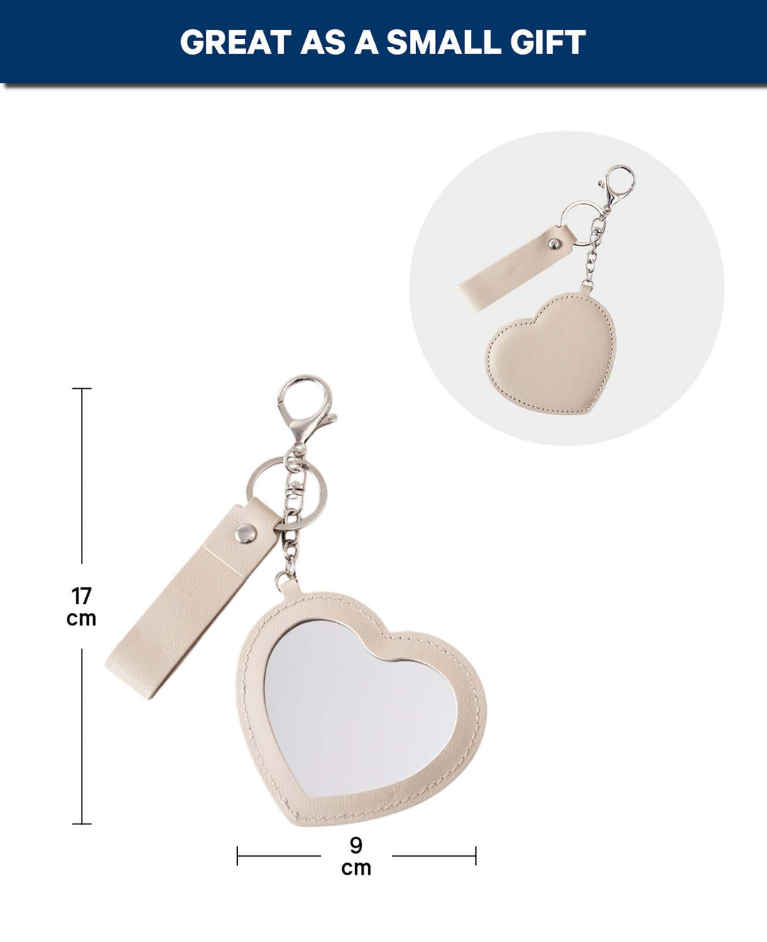 Pendentif de sac, cœur avec miroir, beige, 9 x 17.3 cm