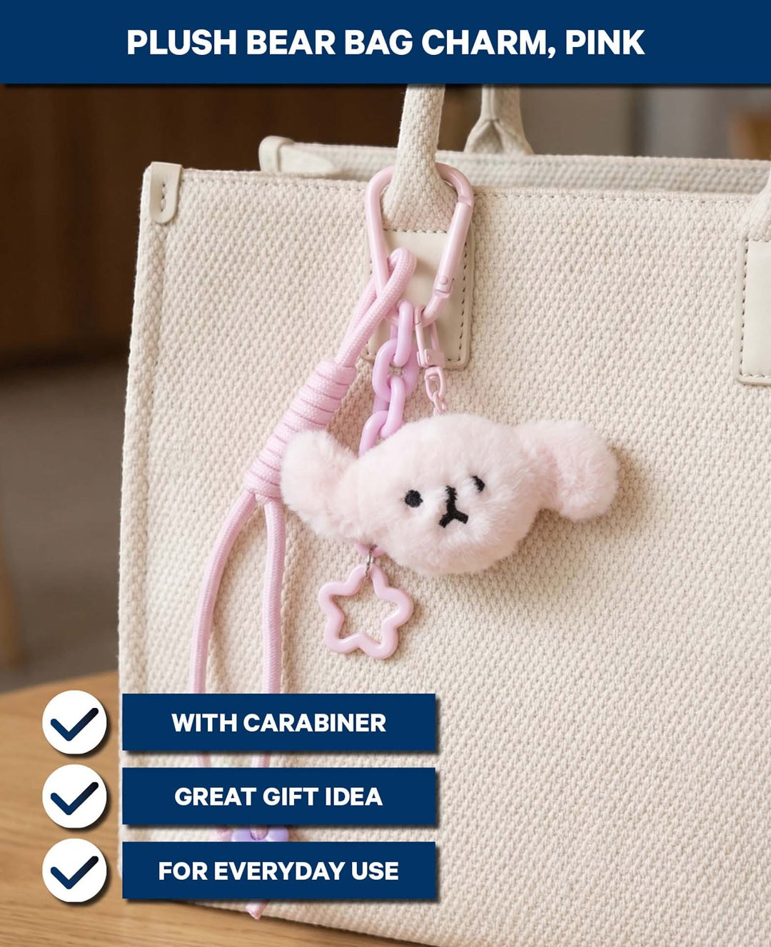 Plush Bear Bag Charm, Pink, 7×15 cm