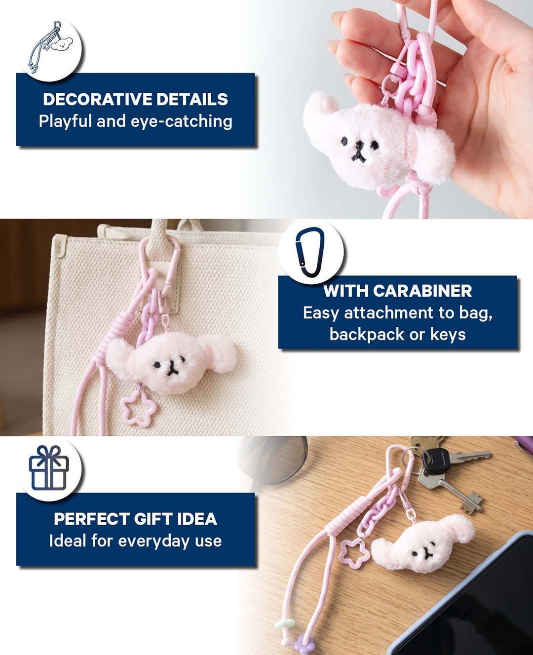 Plush Bear Bag Charm, Pink, 7×15 cm