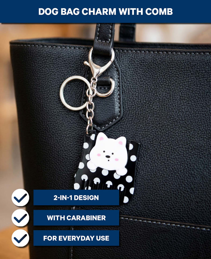 Dog Bag Charm with Comb, Black/White, 4.5×5.5 cm