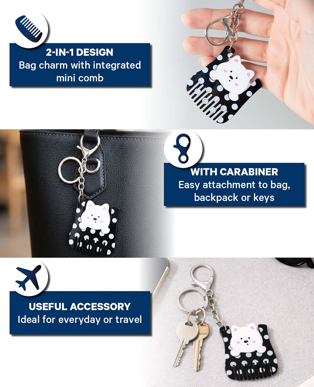 Dog Bag Charm with Comb, Black/White, 4.5×5.5 cm