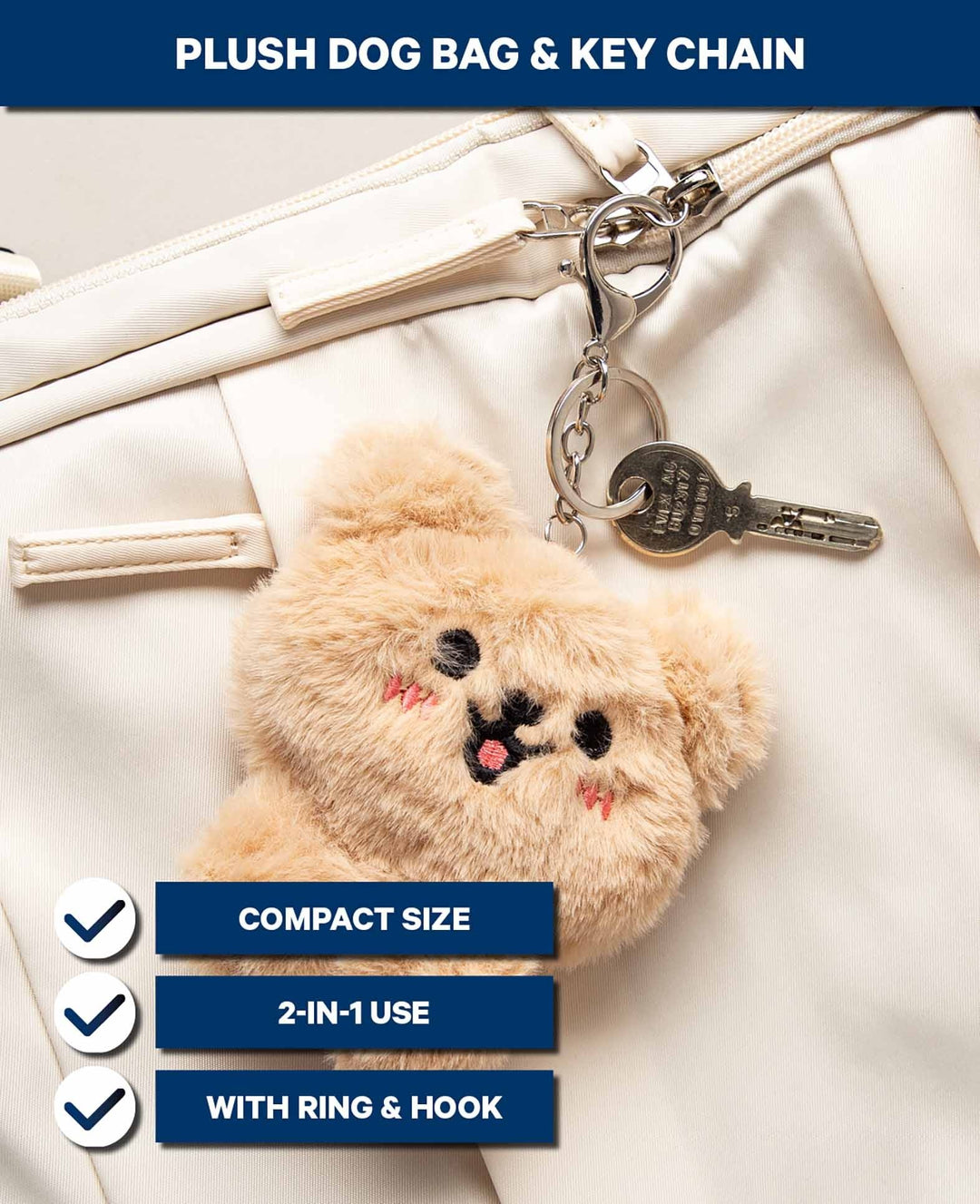 Plush Dog Bag Charm, 11 x 10 cm, with Key Ring and Hook