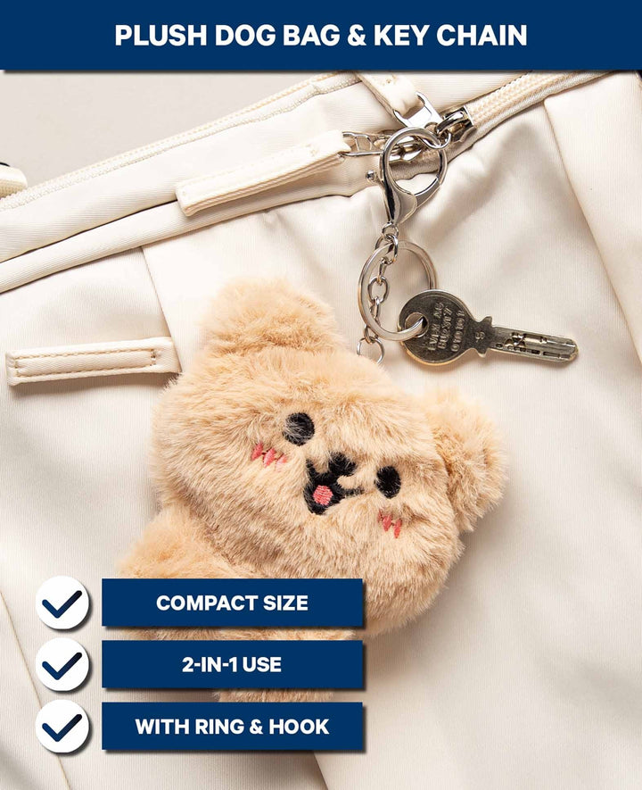 Plush Dog Bag Charm, 11 x 10 cm, with Key Ring and Hook