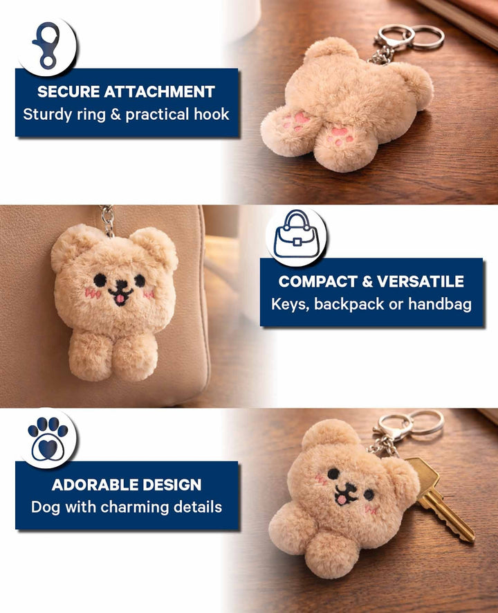 Plush Dog Bag Charm, 11 x 10 cm, with Key Ring and Hook